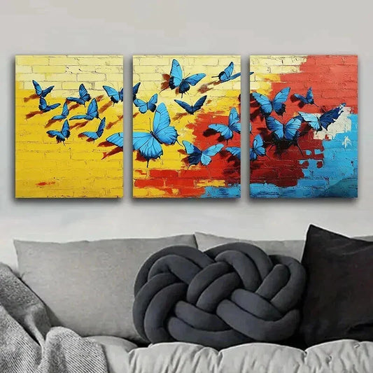 3pcs Vibrant Blue Butterflies Colorful Sweet Wall Art Set Canvas Framed 40x60cm - High Quality Print 100% Australian Made Wall Canvas Ready to Hang
