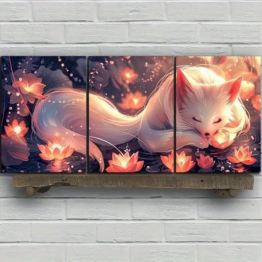 3pcs White Fox Stunning Golden Flowers Metal Print Ready to Hang Art