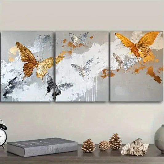 3pcs Vibrant Golden & Black Butterflies On Gray Metal Print Ready to Hang Art