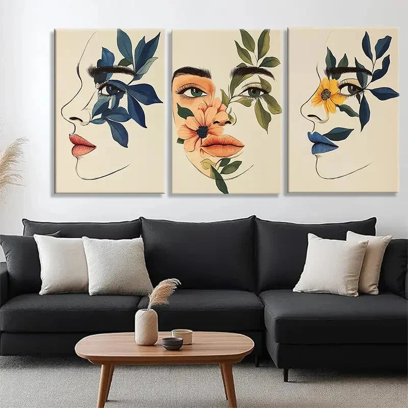 3pcs Abstract Faces & Floral Botanical Perfect Wall Art Set Canvas Framed 40x60cm - High Quality Print 100% Australian Made Wall Canvas Ready to Hang