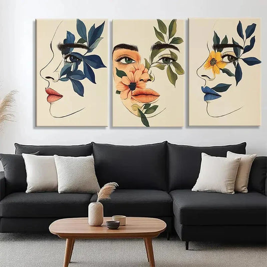 3pcs Abstract Faces & Floral Botanical Perfect Wall Art Set Canvas Framed 40x60cm - High Quality Print 100% Australian Made Wall Canvas Ready to Hang