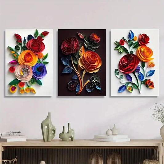 3pcs Colorful Rose &amp; Leaf Designs, Metal Print Ready to Hang Art