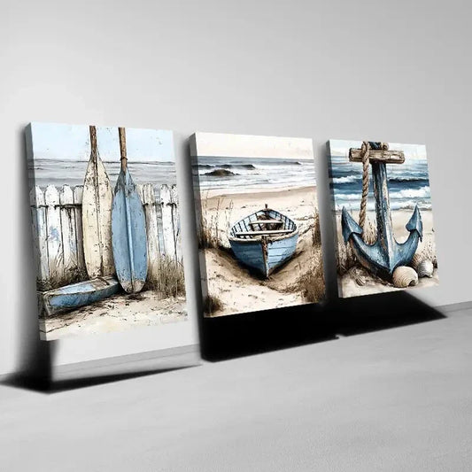 3pcs Vintage Stunning Beach Boat Anchor Decor Wall Art Set Canvas Framed 40x60cm - High Quality Print 100% Australian Made Wall Canvas Ready to Hang