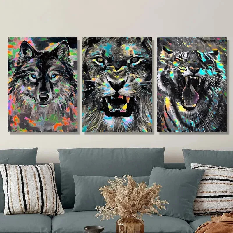 3pcs Vibrant wildlife art, angry animals Metal Print Ready to Hang Art