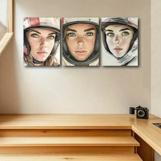3pcs The Woman in the Helmet Design Metal Print Ready to Hang Art