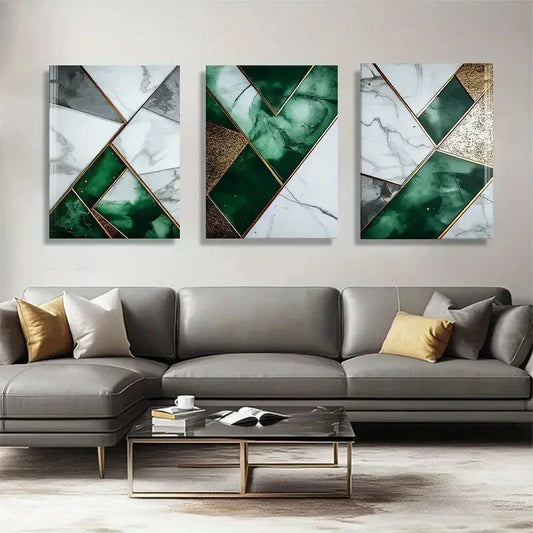 3pcs Green Marble and White Geometric Perfect Wall Art Set Canvas Framed 40x60cm - High Quality Print 100% Australian Made Wall Canvas Ready to Hang