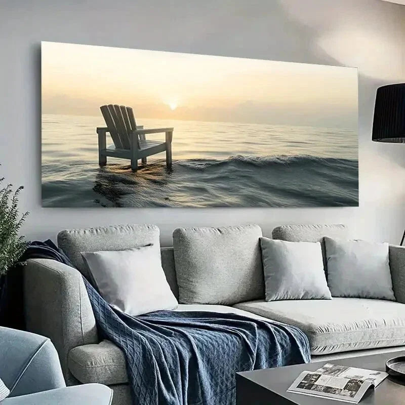Beach Chair on Calm Sea wall canvas office home room framed 120x60cm