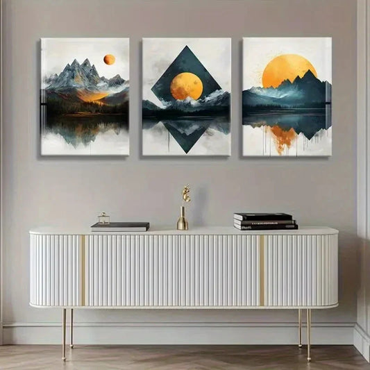 3pcs Abstract Mountain Lands Reflective Perfect Wall Art Set Canvas Framed 40x60cm - High Quality Print 100% Australian Made Wall Canvas Ready to Hang