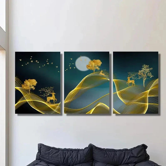 3pcs Elk, Money Tree, Modern Abstract Metal Print Ready to Hang Art