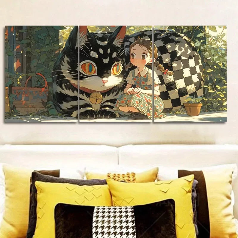 3pcs The Cat And The Girl Modern Art  Wall Art Set Canvas Framed 40x60cm - High Quality Print 100% Australian Made Wall Canvas Ready to Hang