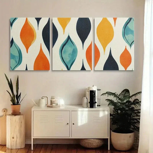 3pcs Large Teal, Orange & Black Geometric Metal Print Ready to Hang Art
