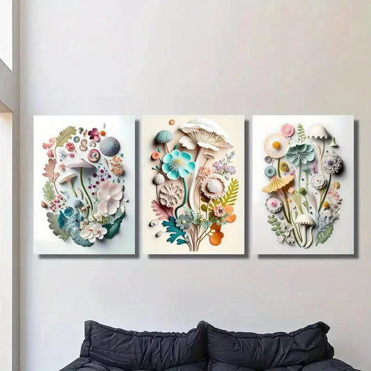 3pcs   flower and mushroom decorative painting liquid Metal Print Ready to Hang Art