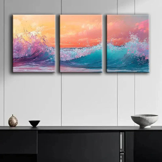 3pcs Colorful Beauty Ocean Waves at Sunset Water Wall Art Set Canvas Framed 40x60cm - High Quality Print 100% Australian Made Wall Canvas Ready to Hang
