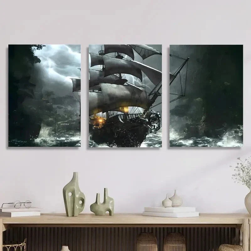 3pcs Pirate Ship in Storm Fantasy Nautical Theme Metal Print Ready to Hang Art