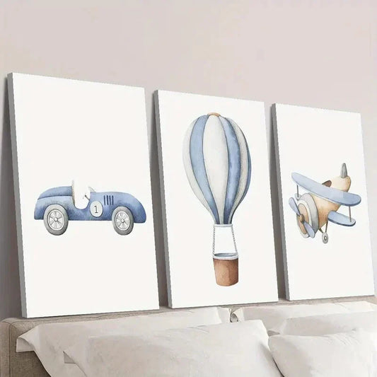 3pcs   Cartoon vehicles, cars, hot air balloons  Wall Art Set Canvas Framed 40x60cm - High Quality Print 100% Australian Made Wall Canvas Ready to Hang