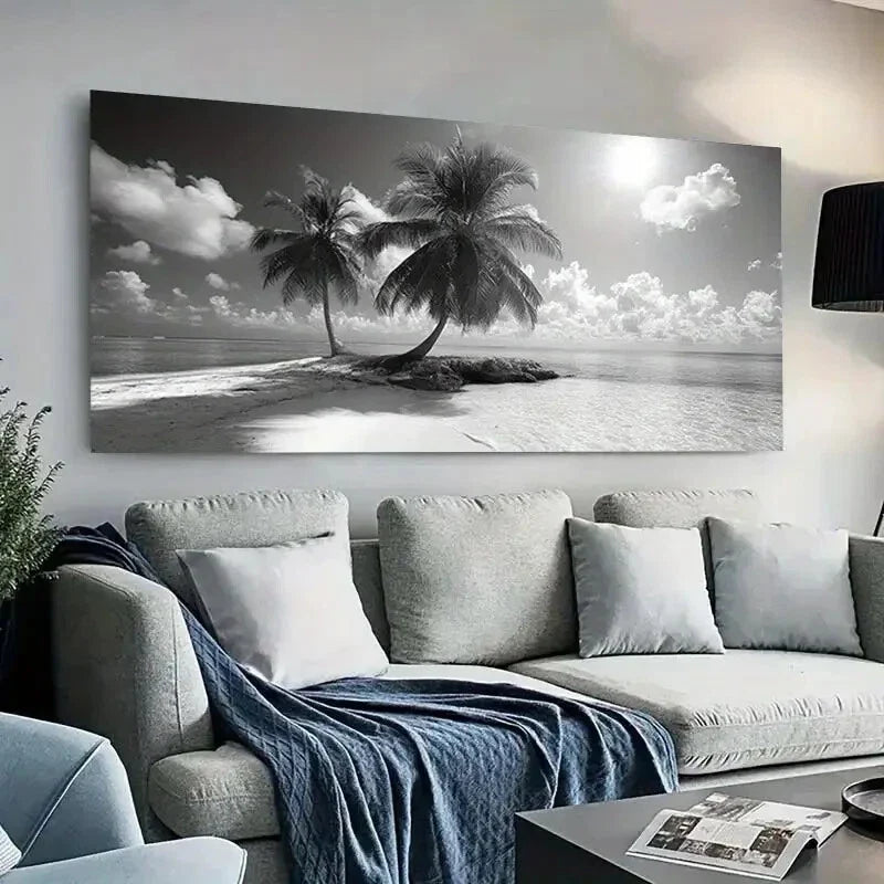 Black & White Beach Island wall canvas office home room framed 120x60cm