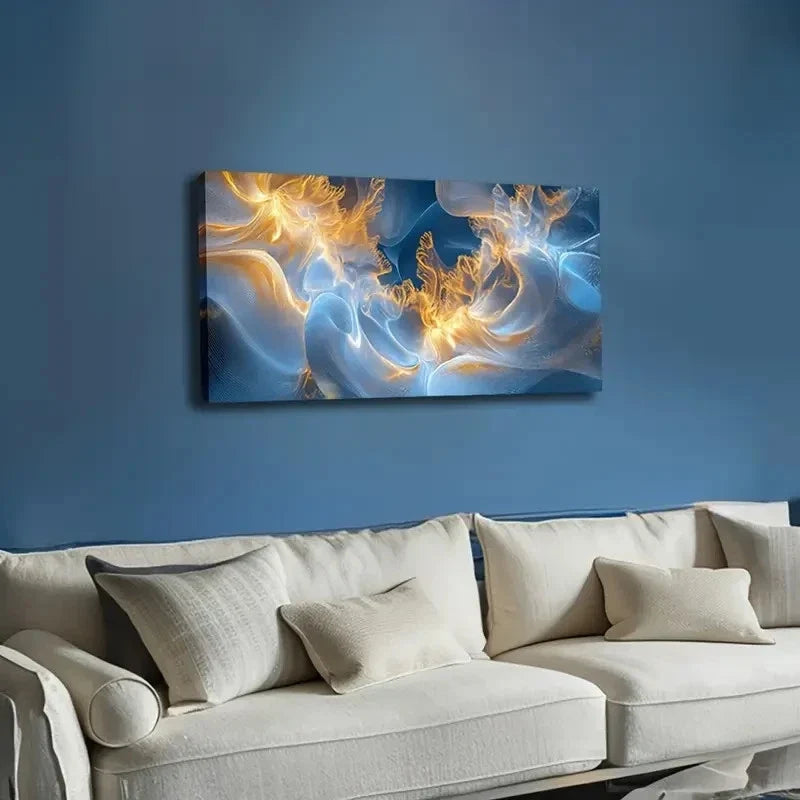 Blue & Golden Swirling Design Wall Art canvas office home room framed 120x60cm