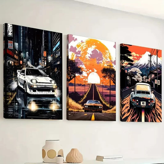 3pcs Cartoon Cars, Mountain Scenery, and City Wall Art Set Canvas Framed 40x60cm - High Quality Print 100% Australian Made Wall Canvas Ready to Hang