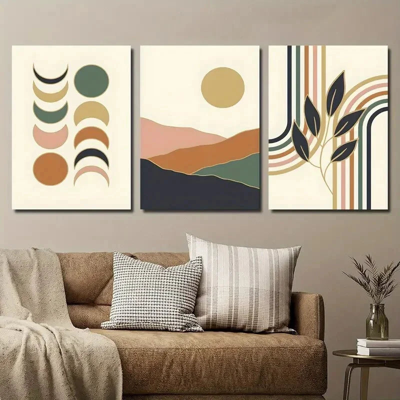 3pcs Sun Moon Mountain and Rainbow Leaves Metal Print Ready to Hang Art