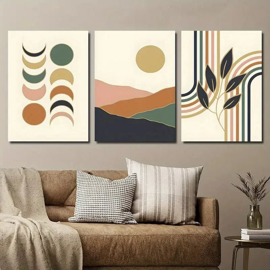 3pcs Sun Moon Mountain and Rainbow Leaves Metal Print Ready to Hang Art