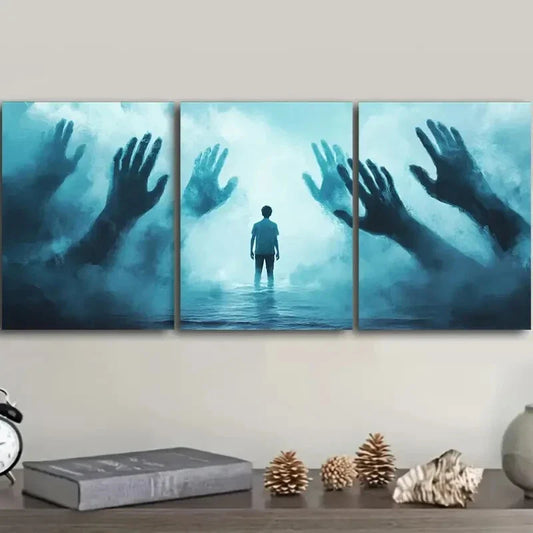 3pcs Mystical Human Figures in Foggy Forest Metal Print Ready to Hang Art
