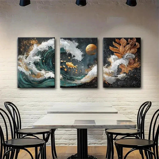 3pcs Golden Koi Fish and Ocean Waves Perfect Wall Art Set Canvas Framed 40x60cm - High Quality Print 100% Australian Made Wall Canvas Ready to Hang