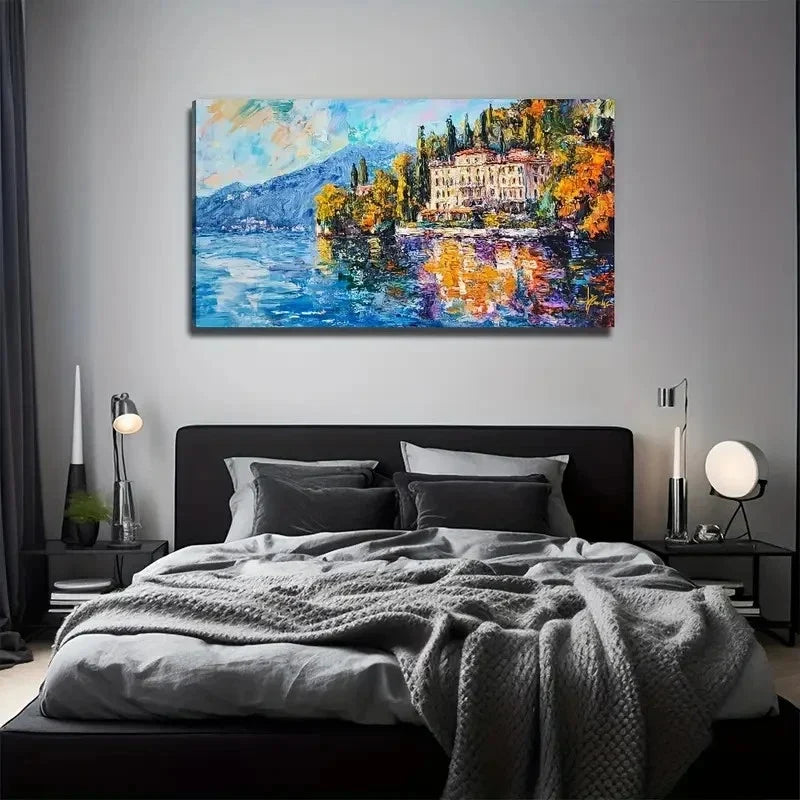 Mountain Building Lake Wall Art Canvas Office Home Room Framed 120x60cm