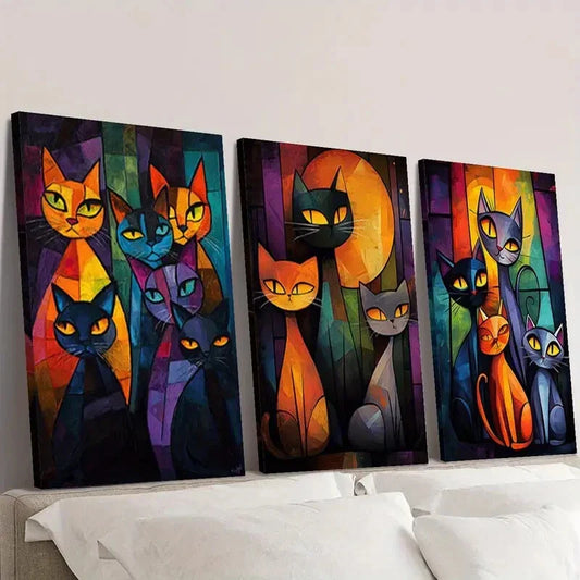 3pcs   Abstract Cat Fantasy Colors Wall Art Set Canvas Framed 40x60cm - High Quality Print 100% Australian Made Wall Canvas Ready to Hang