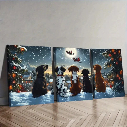 3pcs Festive Dogs Watching Santa Claus Wall Art Set Canvas Framed 40x60cm - High Quality Print 100% Australian Made Wall Canvas Ready to Hang