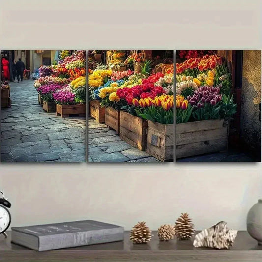 3pcs Colorful Flower Market Scene Metal Print Ready to Hang Art