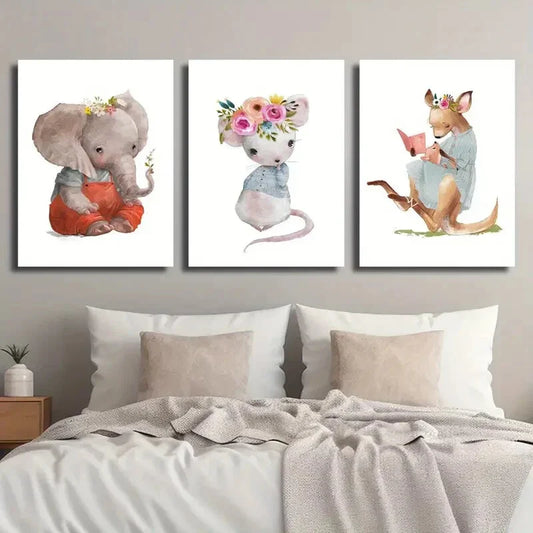 3pcs Cartoon Animal Elephant and Mouse Kangaroo Metal Print Ready to Hang Art