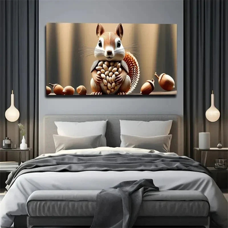 Squirrel Pine Cone Fun Wall Art Canvas Office Home Room Framed 80x45cm