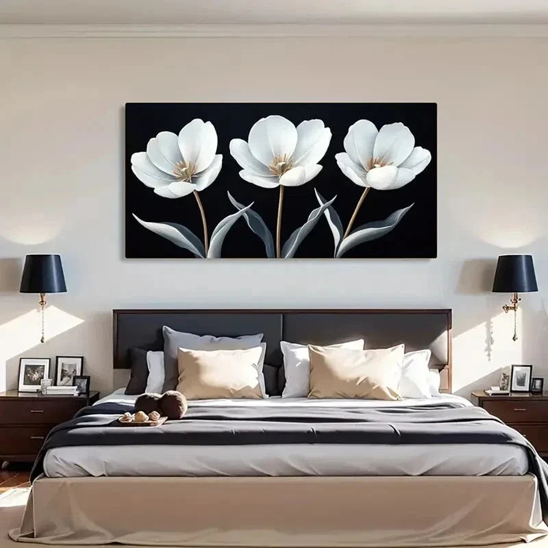 Elegant White Flowers on Dark Wall Art Canvas Office Home Room Framed 120x60cm