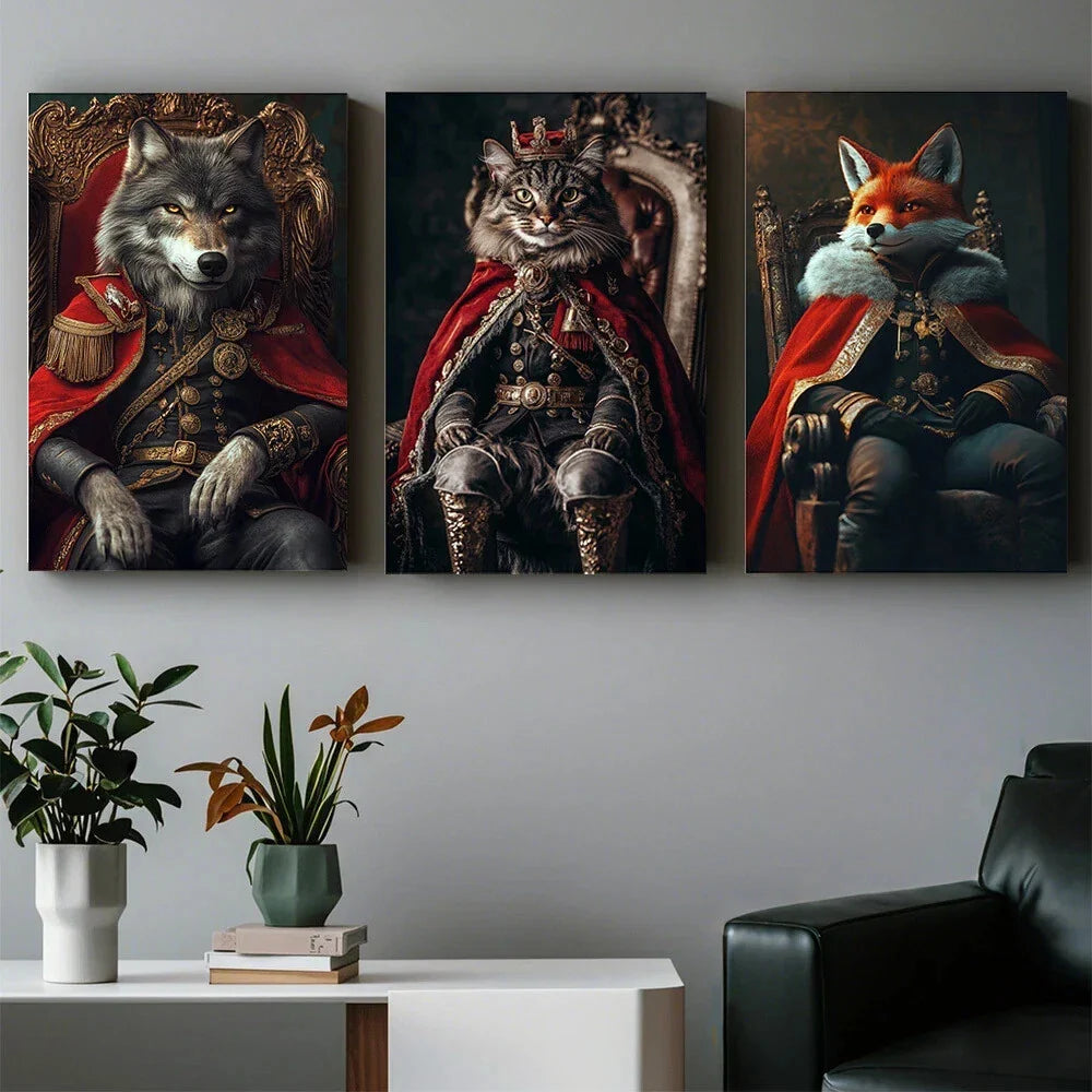 3pcs Majestic Animal Wolves Cat Foxes Red & Golden Metal Print Ready to Hang Art