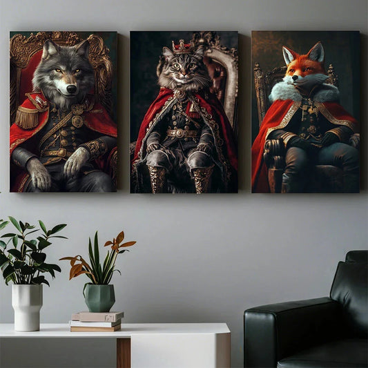 3pcs Majestic Animal Wolves Cat Foxes Red & Golden Metal Print Ready to Hang Art