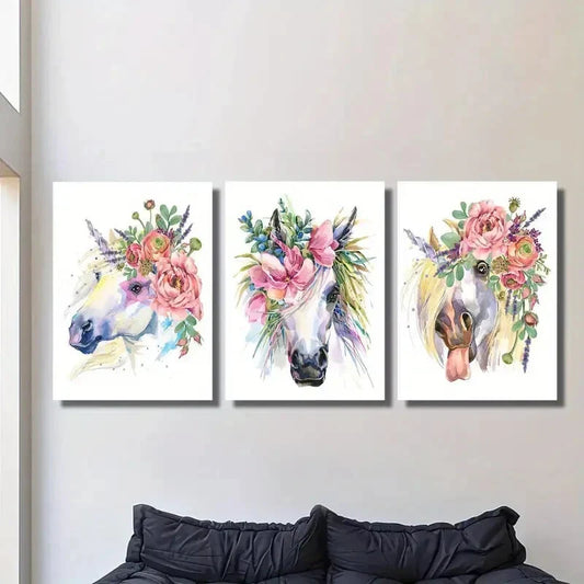 3pcs Cartoon watercolor unicorn, unicorn floral Metal Print Ready to Hang Art