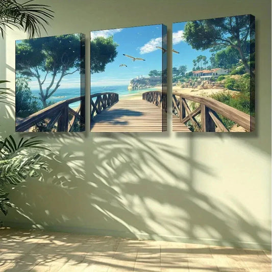 3pcs Beach Scene with Wooden Bridge Palm TreesWall Art Set Canvas Framed 40x60cm - High Quality Print 100% Australian Made Wall Canvas Ready to Hang