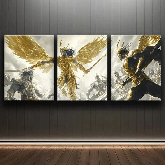 3pcs Fantasy Warrior Battle Luxurious Metal Print Ready to Hang Art