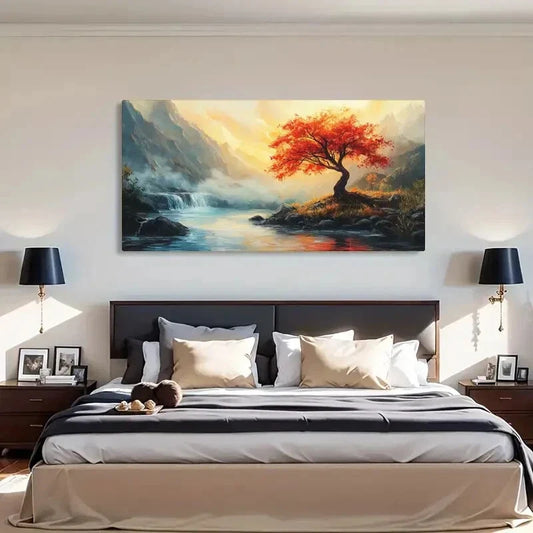 Autumn Mountain Landscape River Wall Art Canvas Office Home Room Framed 120x60cm