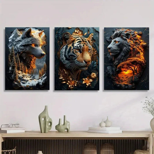 3pcs Majestic Tigers, Wolves & Lions in Forest Metal Print Ready to Hang Art