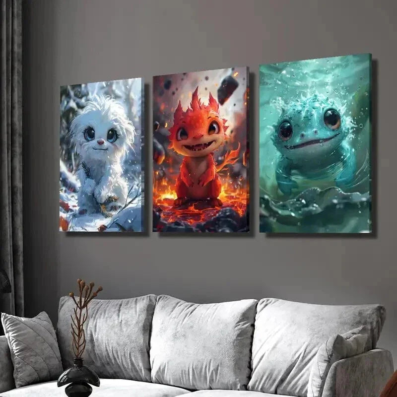 3pcs Cute Little Fantasy Cartoon Monsters Wall Art Set Canvas Framed 40x60cm - High Quality Print 100% Australian Made Wall Canvas Ready to Hang