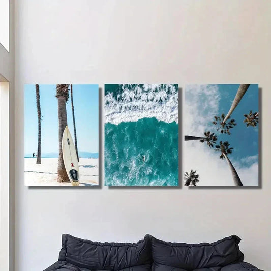 3pcs Surfing Seaside Palm Trees Metal Print Ready to Hang Art