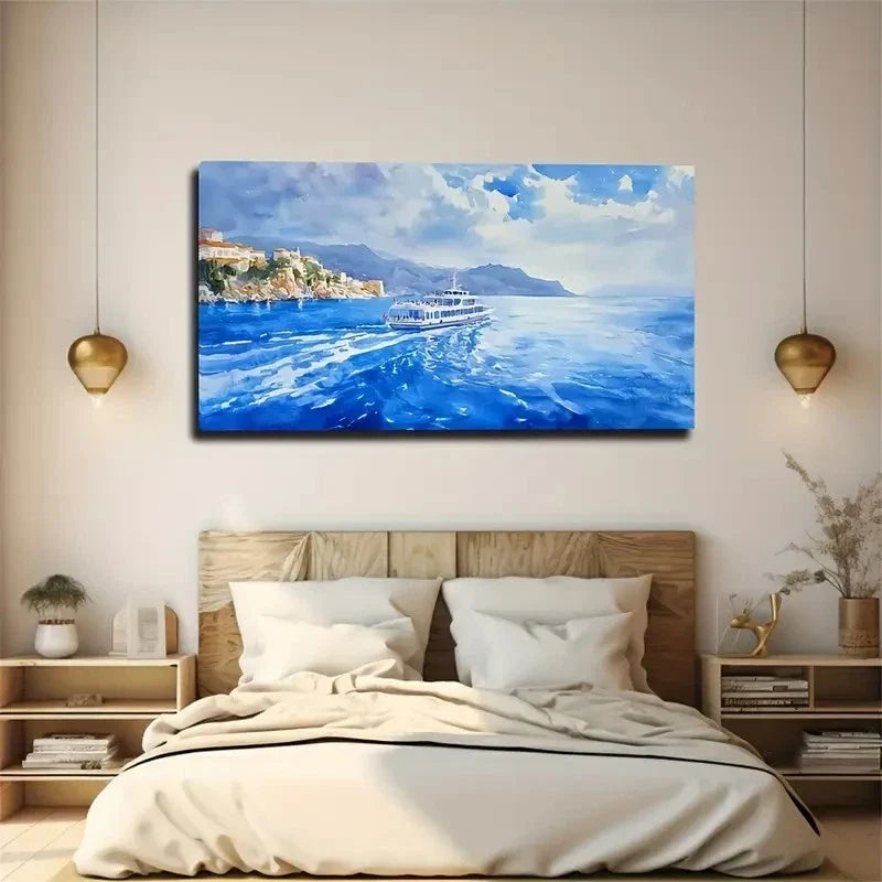 Blue White Gradient Ocean Wave Wall Art Canvas Office Home Room Framed 120x60cm