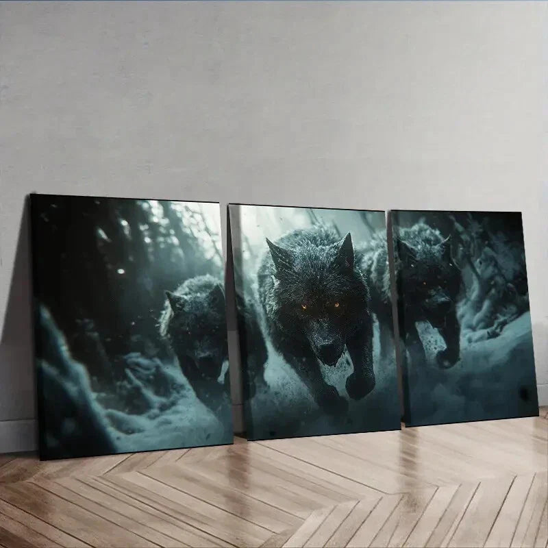 3pcs  Fierce Wolf pack Charging  Wall Art Set Canvas Framed 40x60cm - High Quality Print 100% Australian Made Wall Canvas Ready to Hang