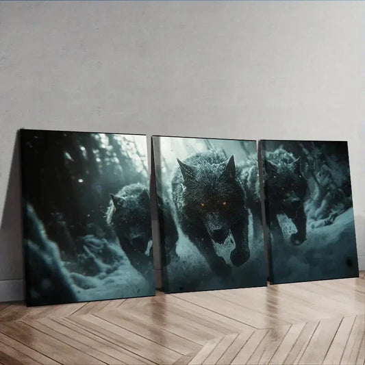 3pcs  Fierce Wolf pack Charging  Wall Art Set Canvas Framed 40x60cm - High Quality Print 100% Australian Made Wall Canvas Ready to Hang
