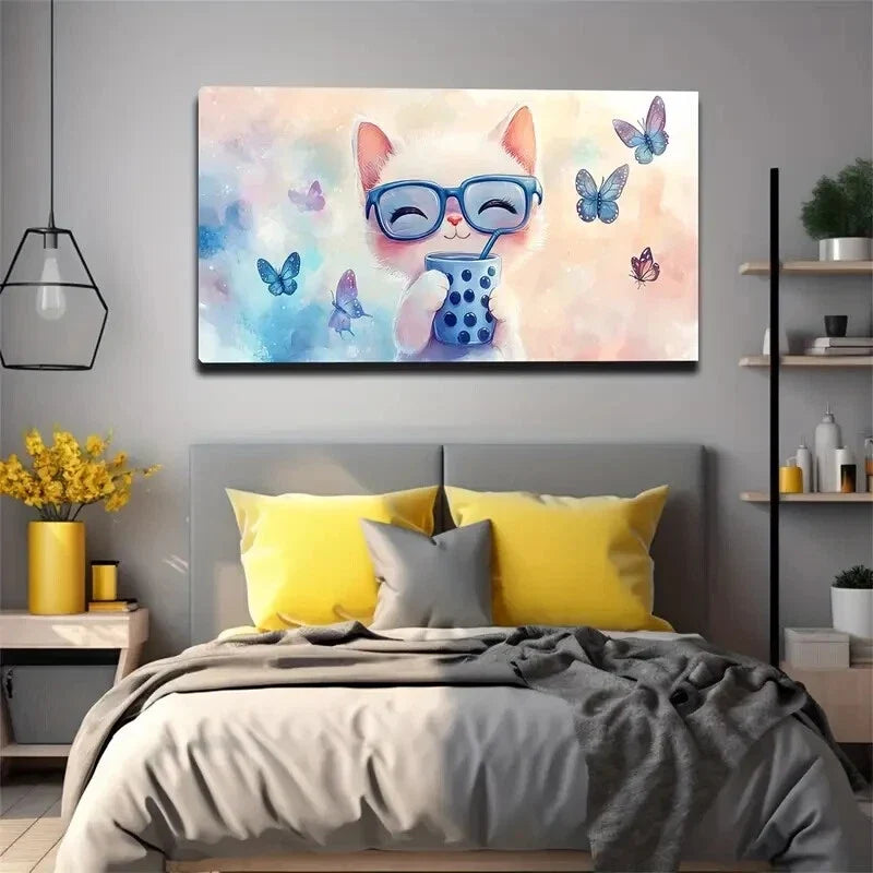 Whimsical White Kitten Glasses Wall Art Canvas Office Home Room Framed 120x60cm