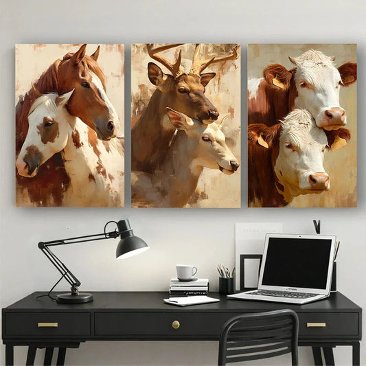 3pcs Abstract Warm Animal Friends Horses Metal Print Ready to Hang Art