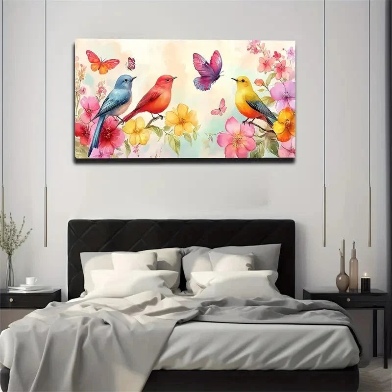 Three Colorful Birds Flowering Wall Art Canvas Office Home Room Framed 120x60cm