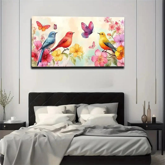 Three Colorful Birds Flowering Wall Art Canvas Office Home Room Framed 120x60cm
