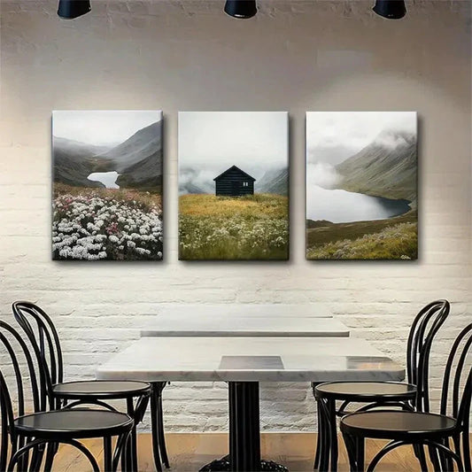 3pcs Misty Lake and Flower Field Cabin Perfect Wall Art Set Canvas Framed 40x60cm - High Quality Print 100% Australian Made Wall Canvas Ready to Hang